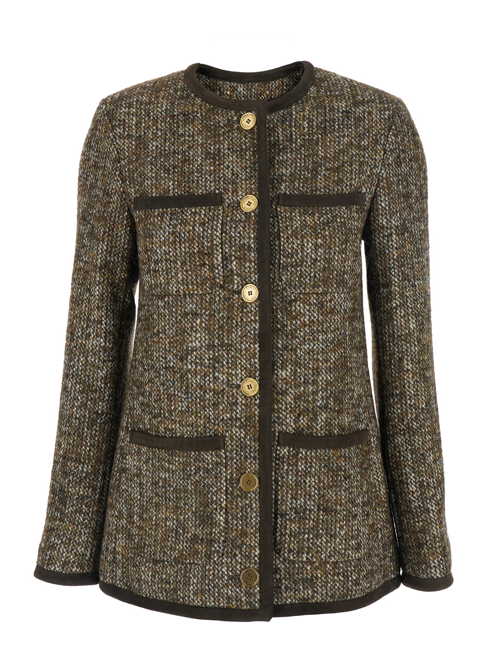 Brown Crew Neck Jacket with Front Patch Pockets in Wool Blend Woman