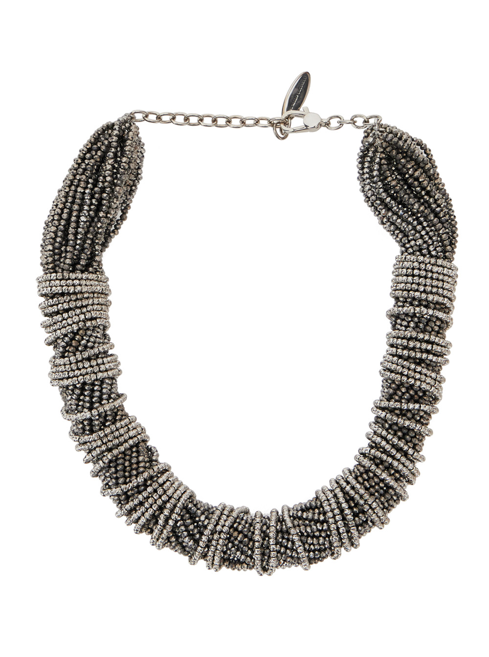 Silver Colored Choker Necklace with Beaded Embellishments and Twisted Design in Glass and Sterling Silver Woman