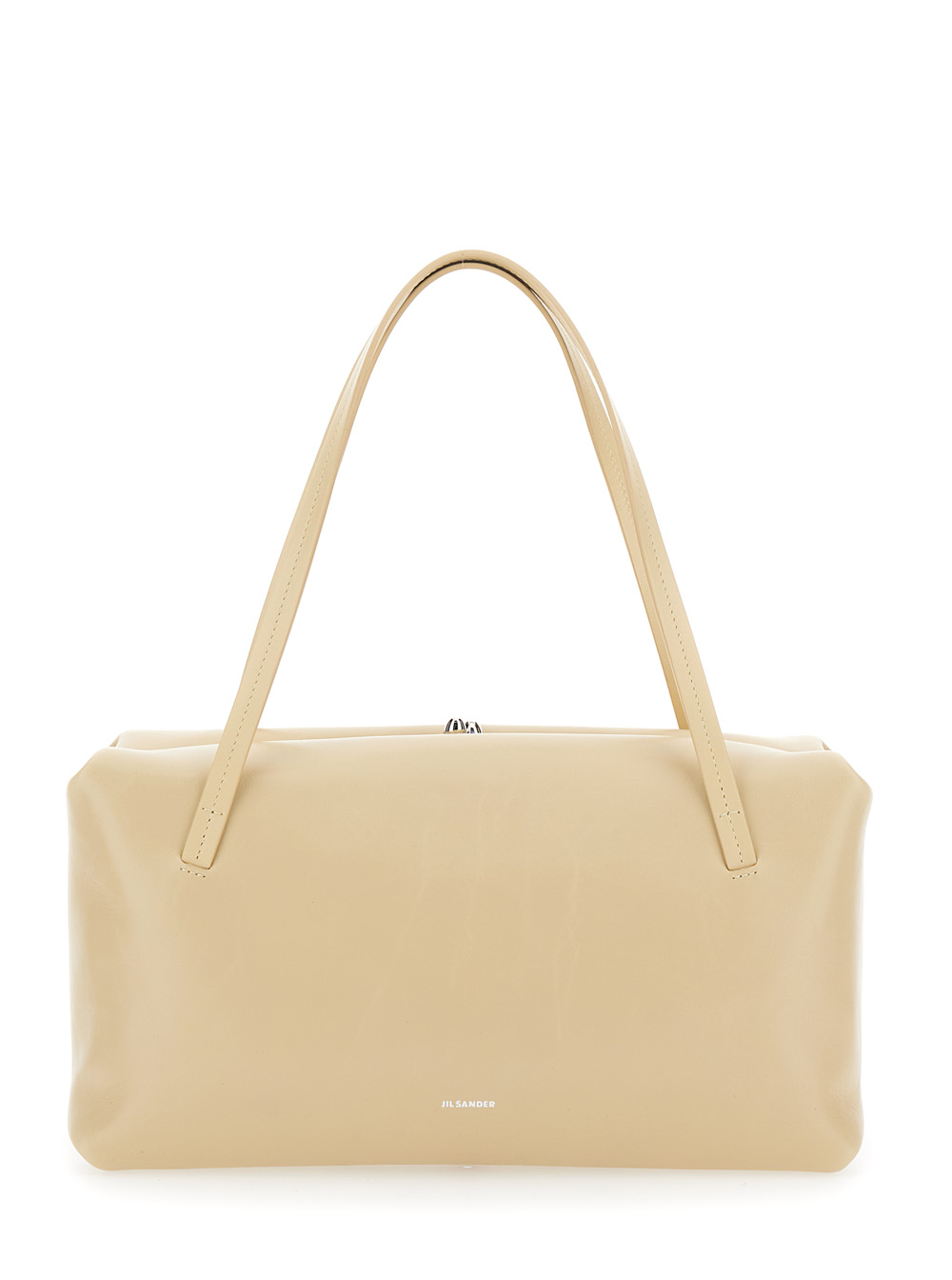 Goji Pillow Beige Shoulder Bag with Clasp Closure and Logo Lettering on the Front in Leather Woman