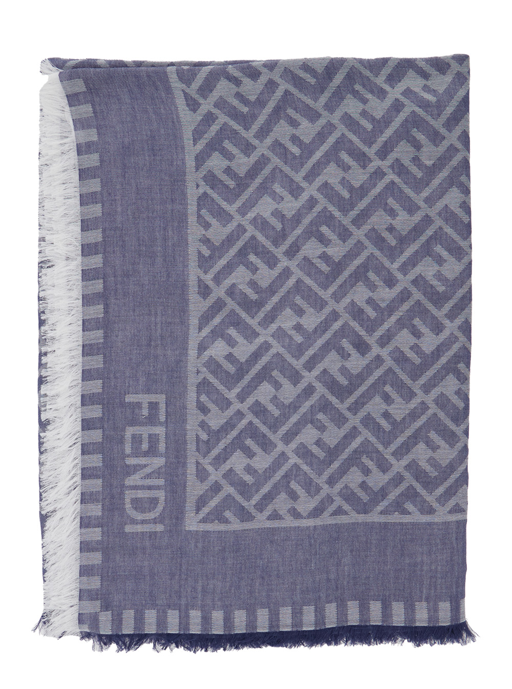 Blue Scarf with All-Over FF Motif and Frayed Hem in Cotton Woman