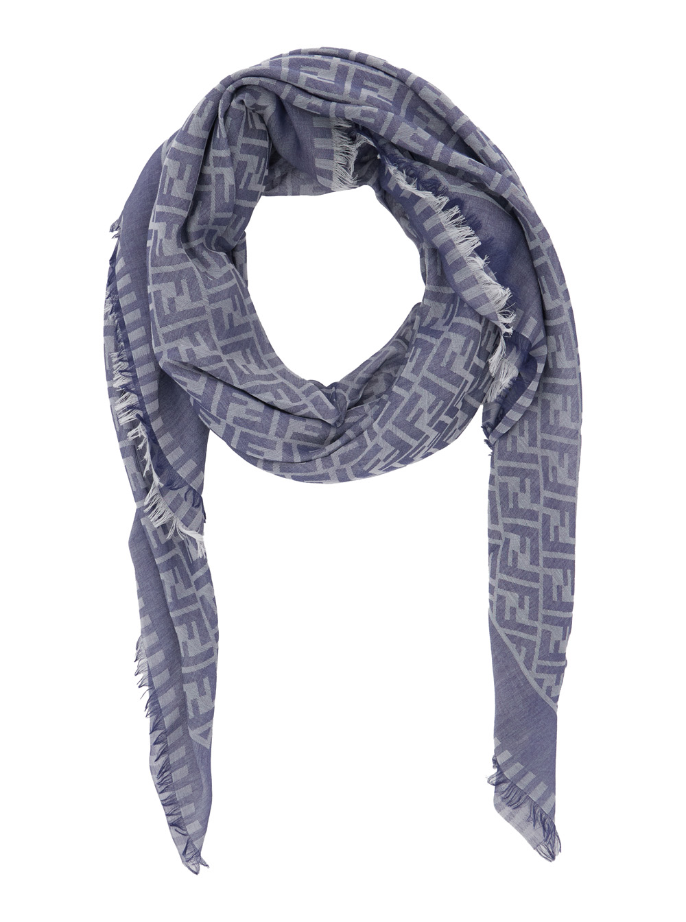 Blue Scarf with All-Over FF Motif and Frayed Hem in Cotton Woman hover