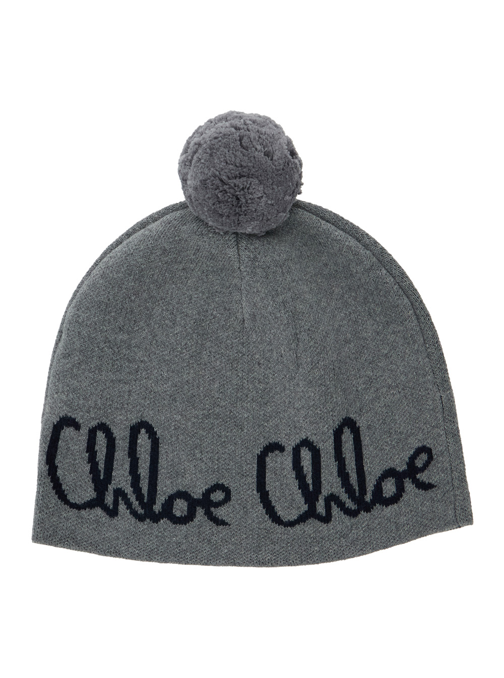 Grey Beanie with Pompon and Logo Lettering in Wool and Cotton Girl