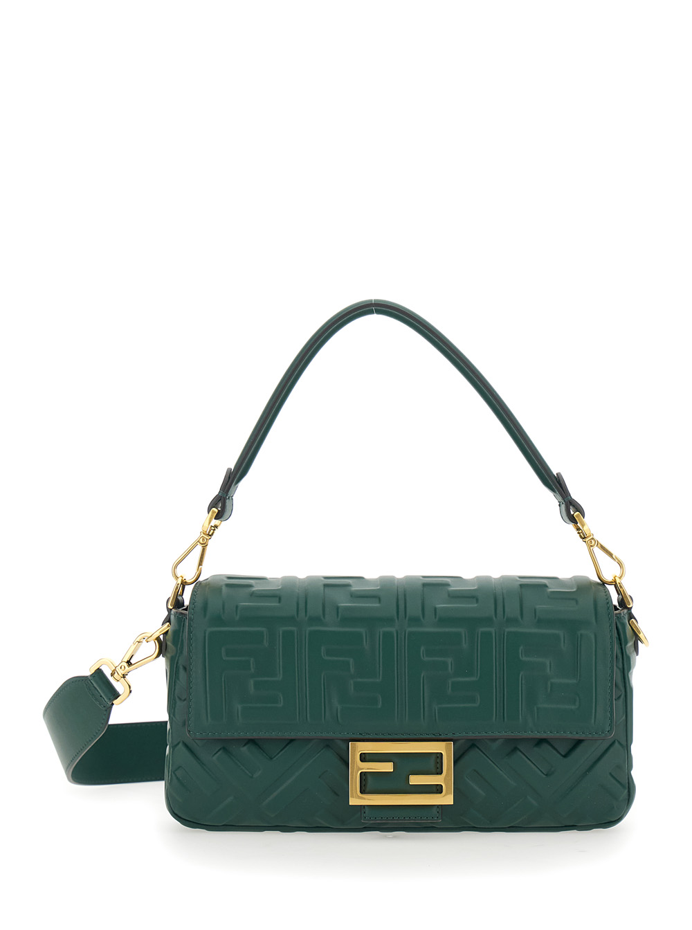 Baguette Green Shoulder Bag with Removable Shoulder Strap in FF Canvas Woman
