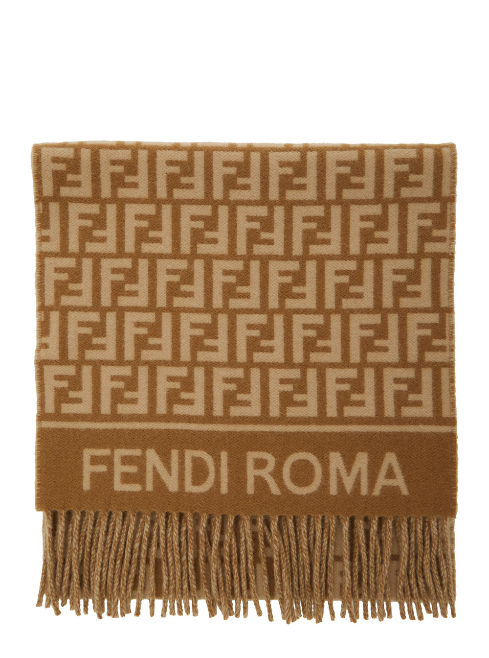 Beige Scarf with Logo Lettering on the Front and All-Over FF Motif in Wool Woman
