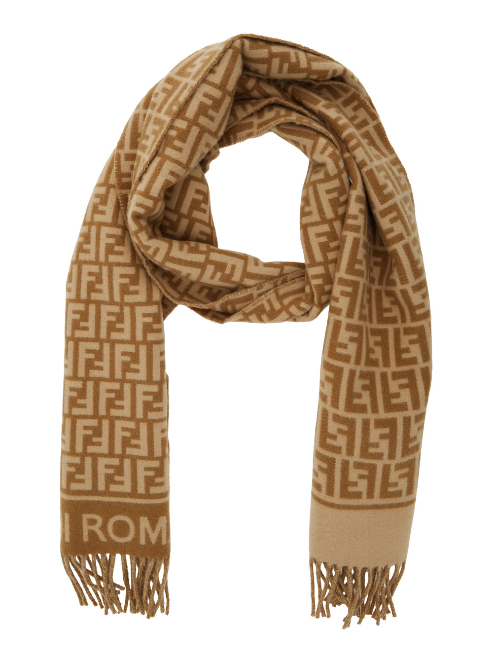 Beige Scarf with Logo Lettering on the Front and All-Over FF Motif in Wool Woman hover