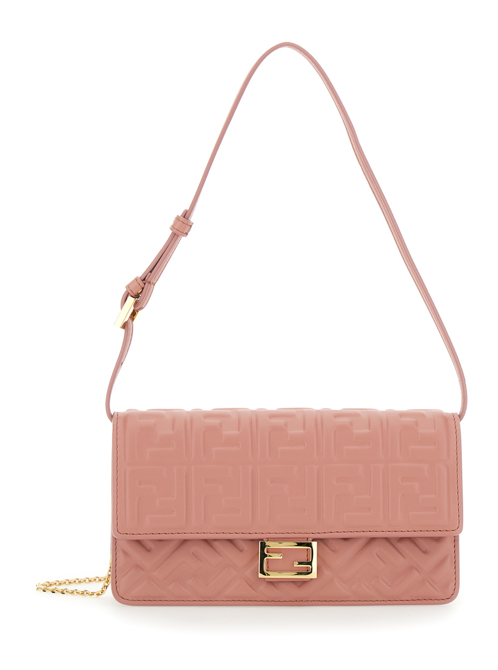Pink Wallet on Chain Baguette with All-Over FF Motif and FF Plaque in Leather Woman