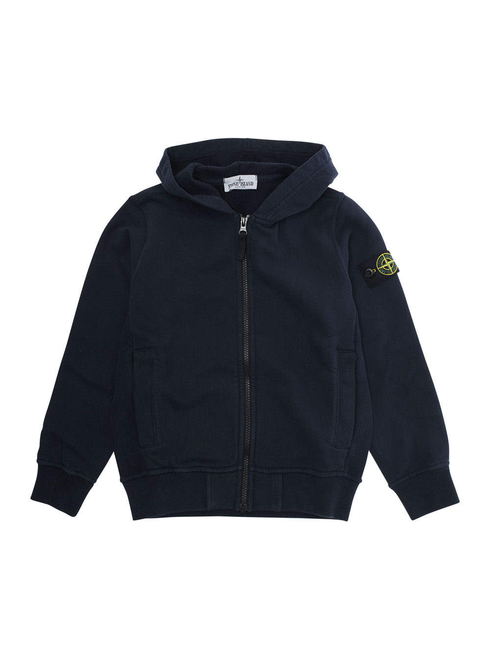 Blue Sweatshirt with Fixed Hood and Logo Patch on the Sleeve in Cotton Boy