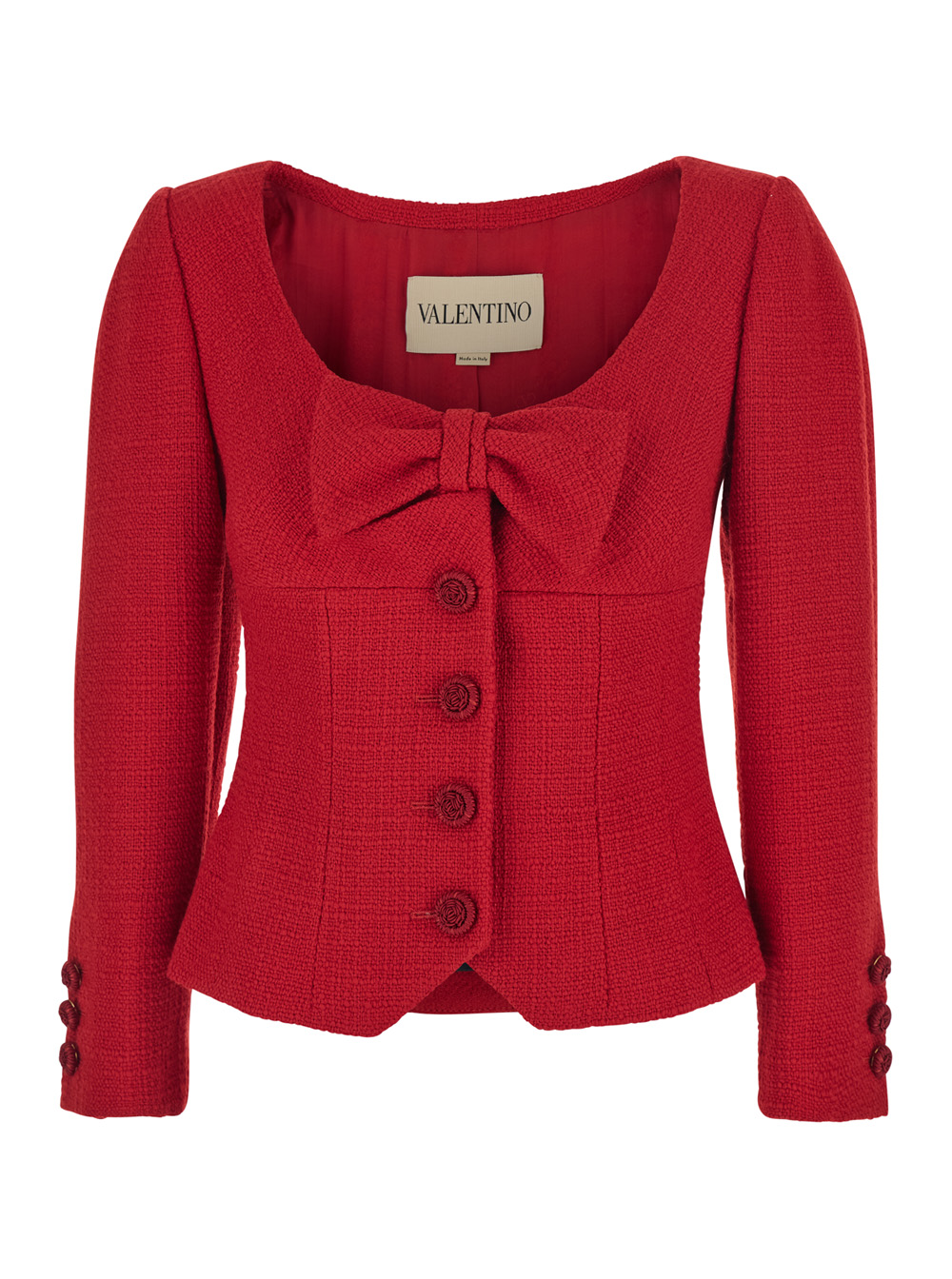 Red Jacket with Wide Front Neckline and Bow Detail in Wool Tweed Woman