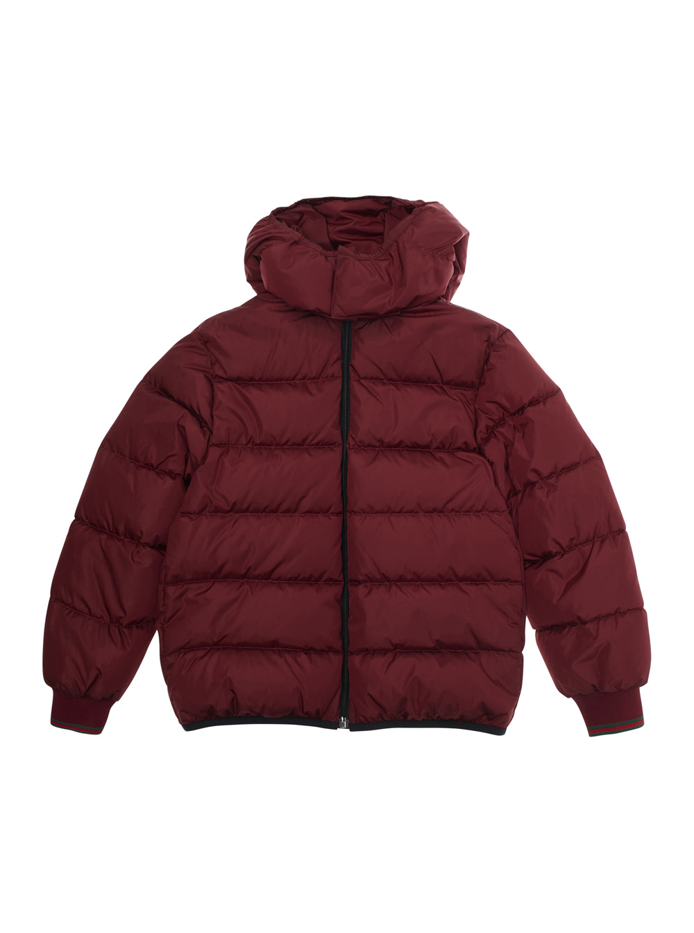 Bordeaux Down Jacket with Fixed Hood and Web Details on the Edges in Tech Fabric Boy