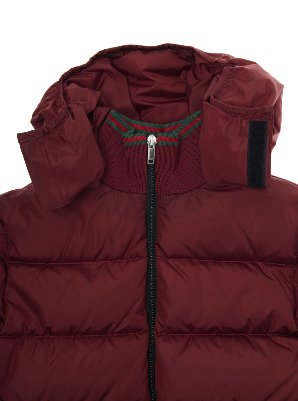 Bordeaux Down Jacket with Fixed Hood and Web Details on the Edges in Tech Fabric Boy