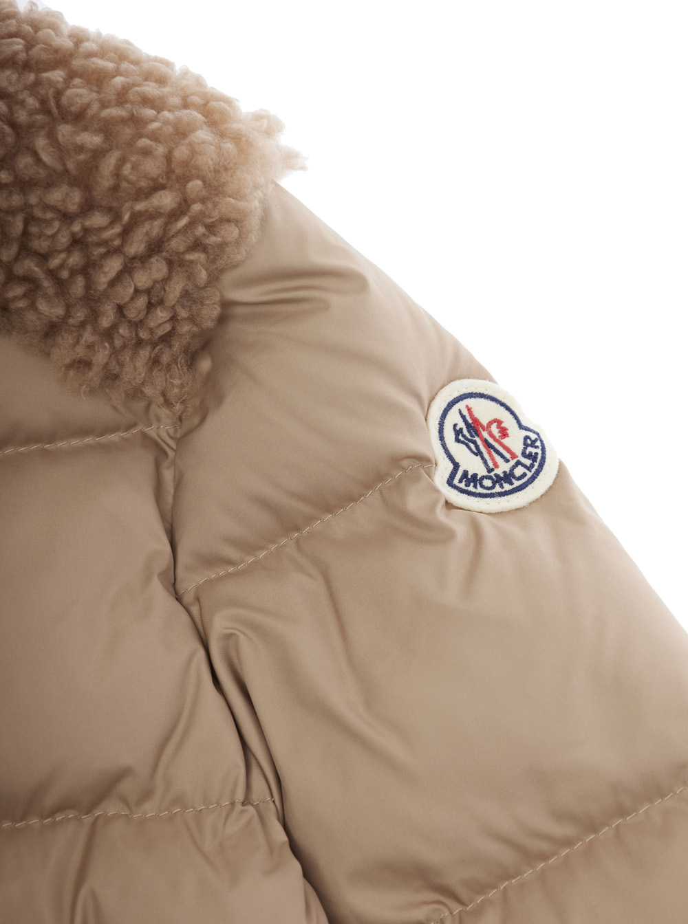 Vard Beige Down Jacket with Eco-Fur Details and Logo Patch on the Sleeve in Tech Fabric Girl hover