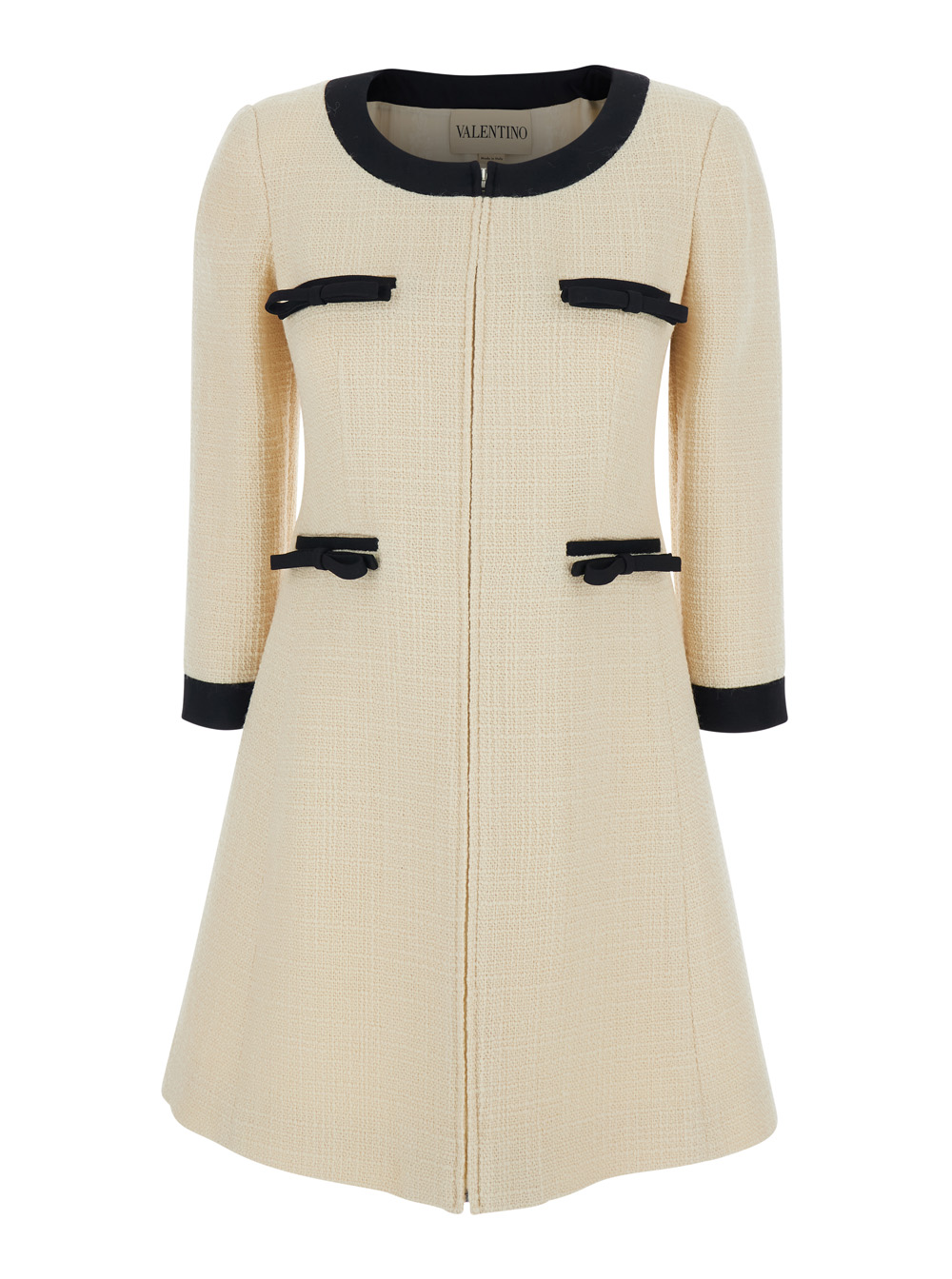 White Round Neck Dress with Knot Front Detail in Tweed Woman