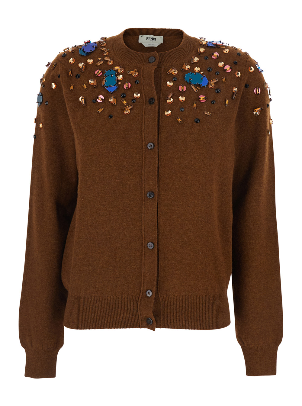 Brown Crewneck Cardigan with Rhinestone Embroidery in Wool and Cashmere Woman