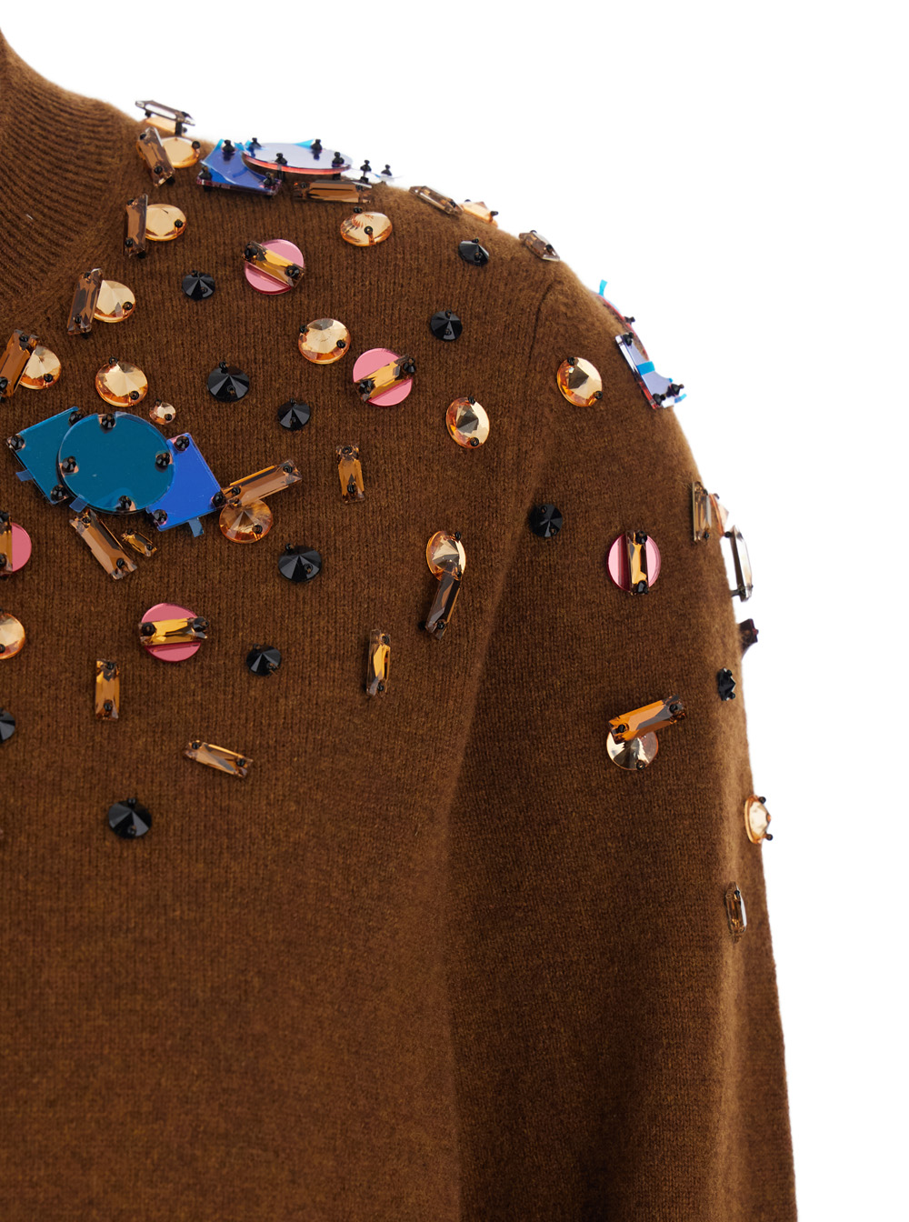 Brown Crewneck Cardigan with Rhinestone Embroidery in Wool and Cashmere Woman