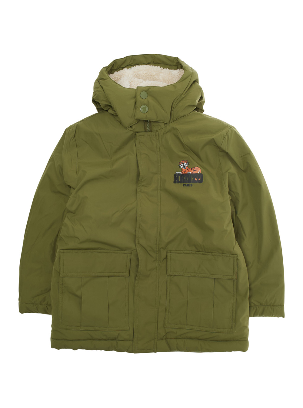 Green Coat with Fixed Hood and Logo Printed on the Front in Tech Fabric Boy