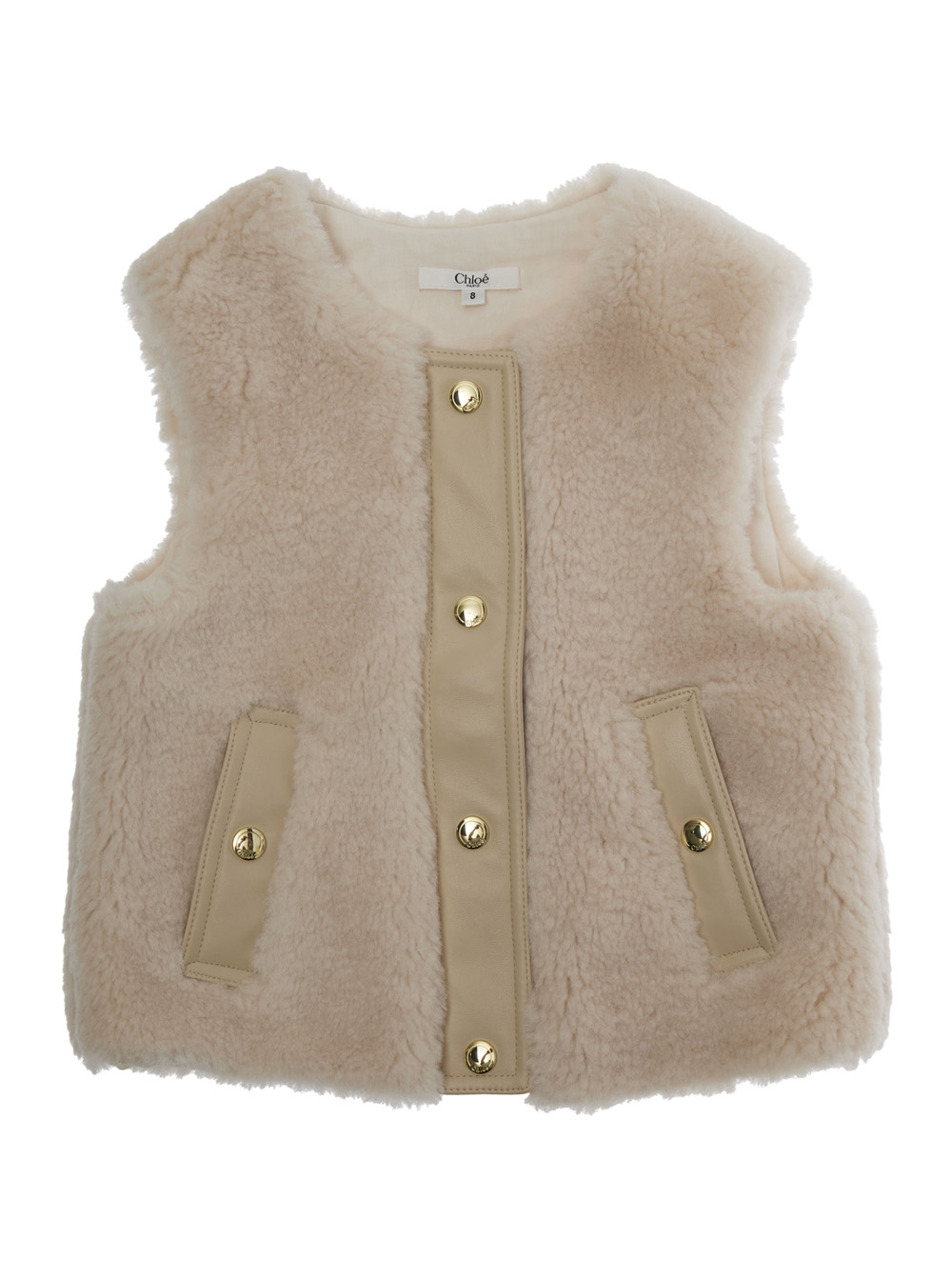 Beige Sleeveless Crewneck Coat with Front Button Closure in Ecofur Girl