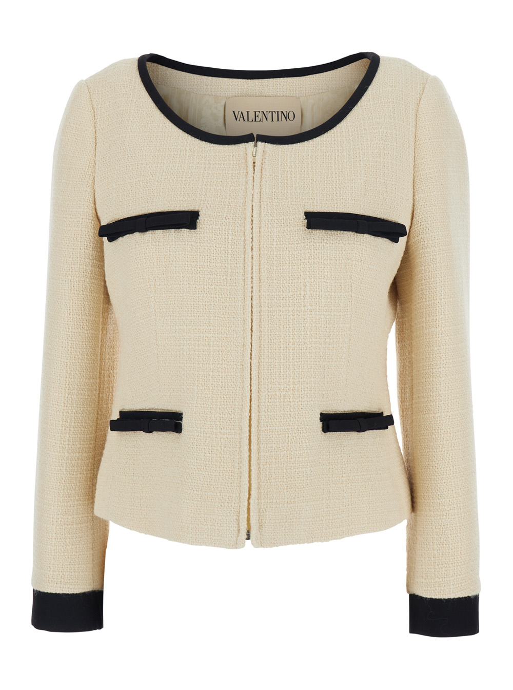 Beige Round Neck Jacket with Knot Detail in Wool Tweed Woman