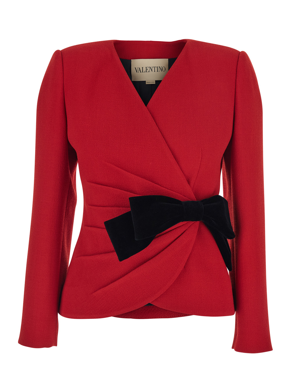 Red Jacket with Ruffles at the Waist and Bow Detail in Virgin Wool Woman
