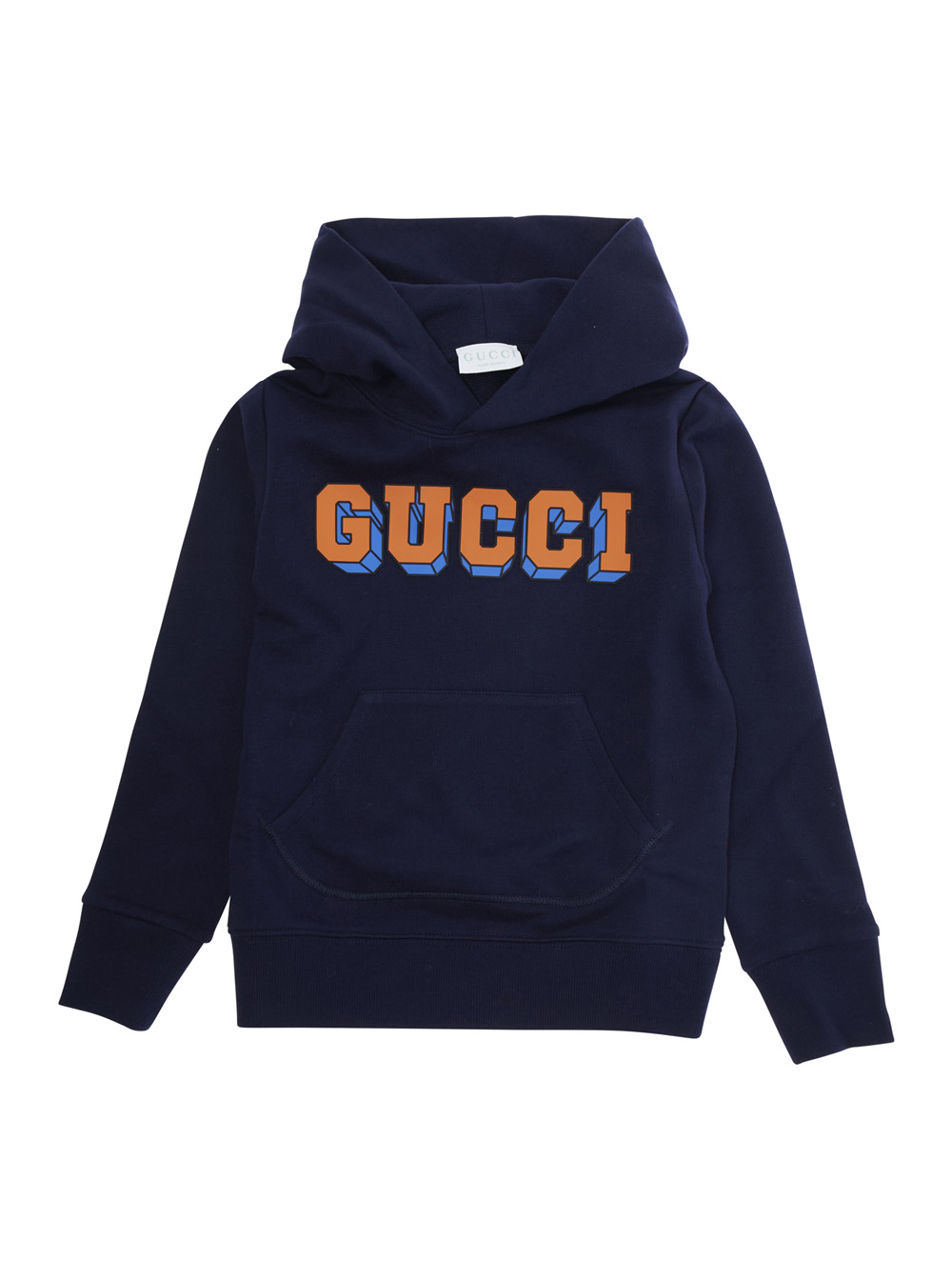 Blue Sweatshirt with Fixed Hood and Logo Lettering on the Front in Cotton Kid