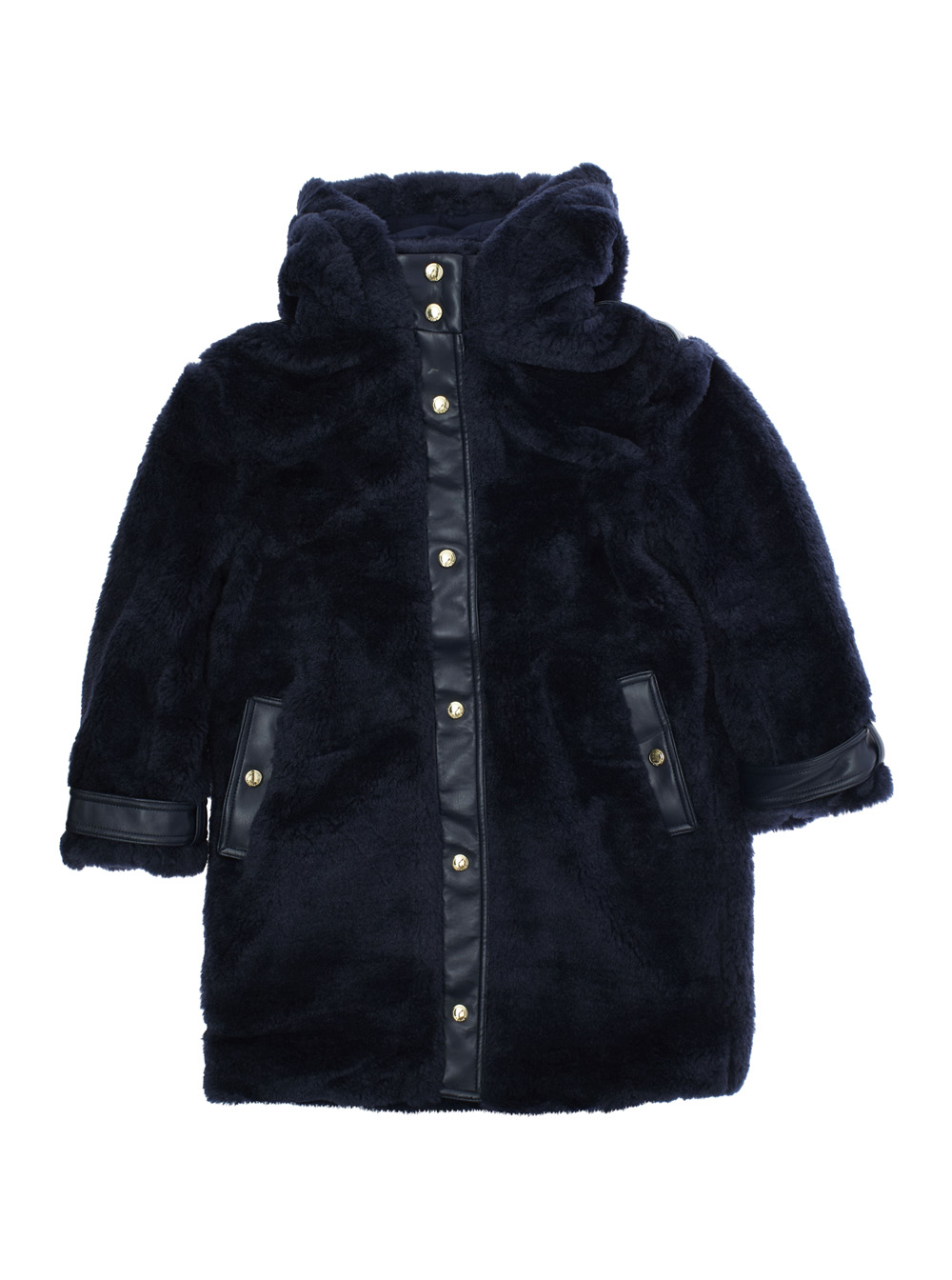 Blue Coat with Fixed Hood and Front Button Closure in Ecofur Girl