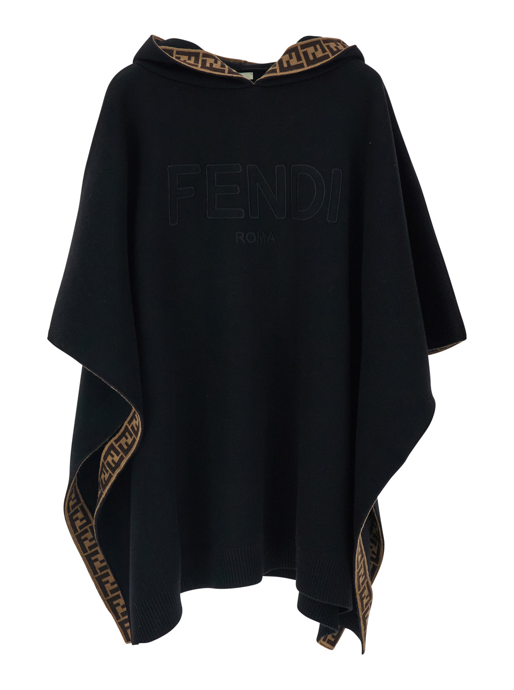 Black Hooded Cape with Logo Lettering on the Front in Virgin Wool Girl