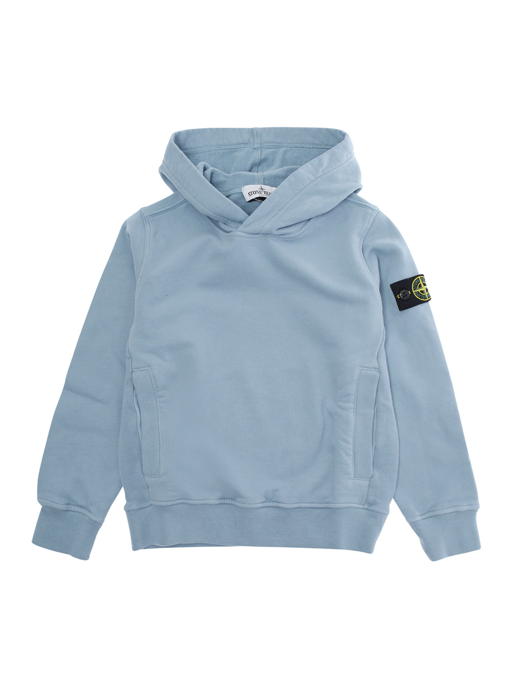Light Blue Sweatshirt with Fixed Hood and Logo Patch on the Sleeve in Cotton Boy