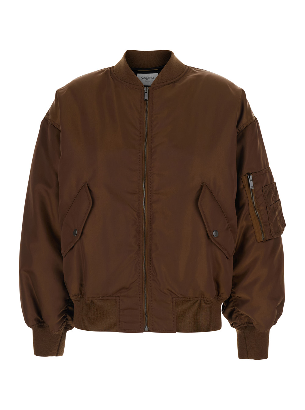 Brown Bomber Jacket with Dropped Shoulder anf Pocket on the Sleeve in Tech Fabric Woman