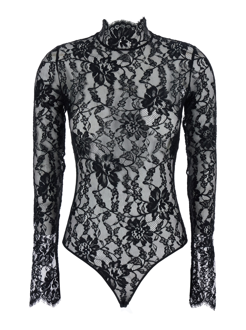 Black Top with All-Over Floral Embroidery and Semi-Sheer Design in Lace Woman