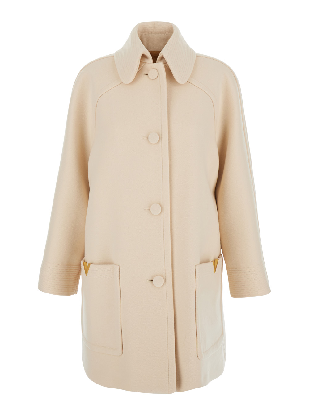 Beige Jacket with Pointed Collar and VLogo Plaque on the Pocket in Wool Woman