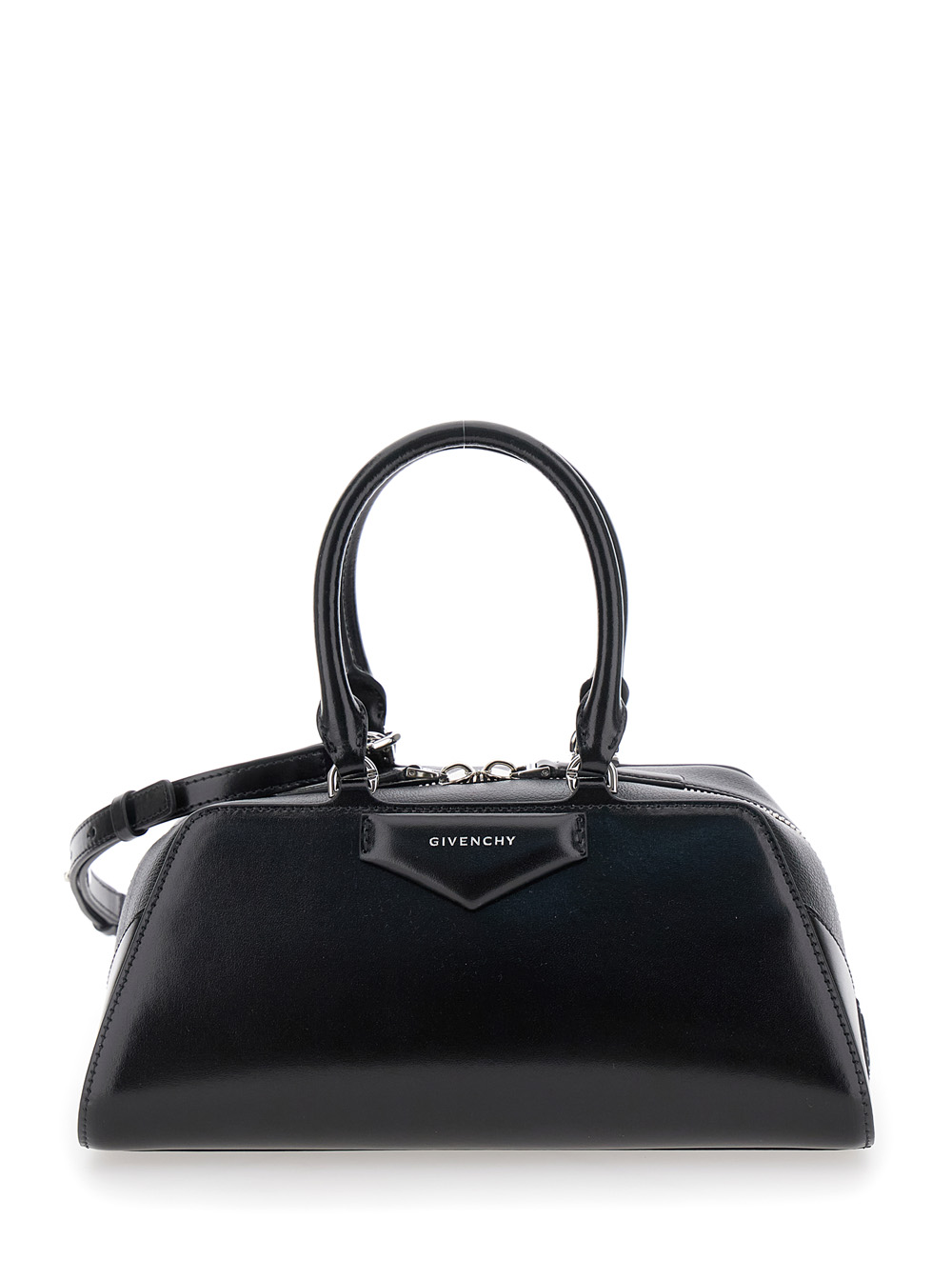 Antigona East West Black Small Handbag with Adjustable and Removable Shoulder Strap and Logo Lettering on the Front in Leather Woman