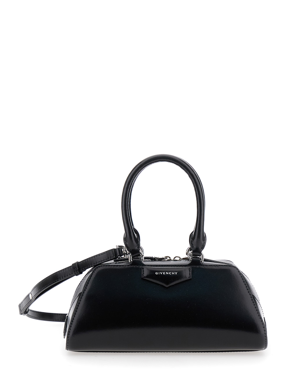 Antigona East West Black Mini Handbag with Adjustable and Removable Shoulder Strap and Logo Lettering on the Front in Leather Woman