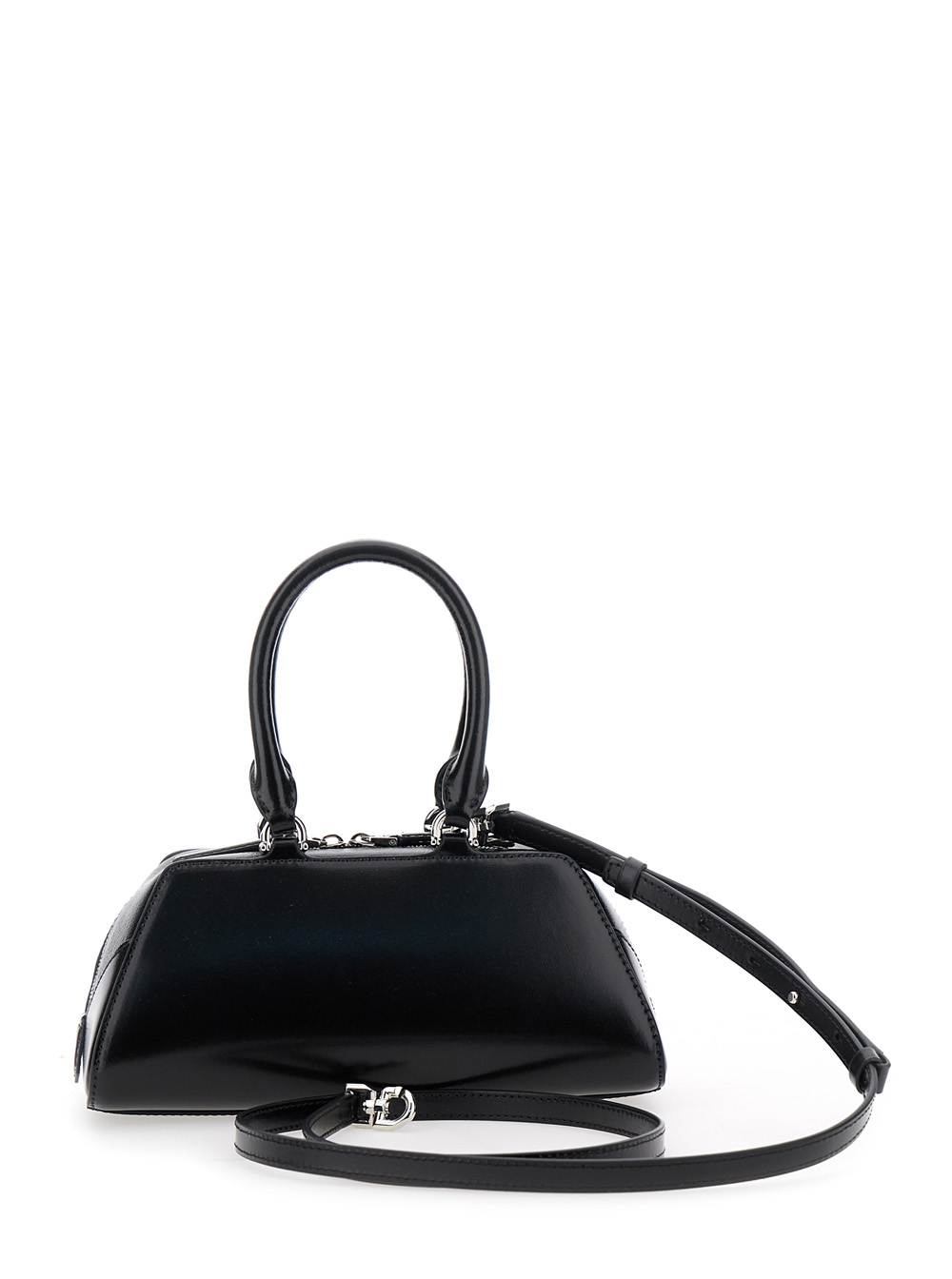 Antigona East West Black Mini Handbag with Adjustable and Removable Shoulder Strap and Logo Lettering on the Front in Leather Woman hover