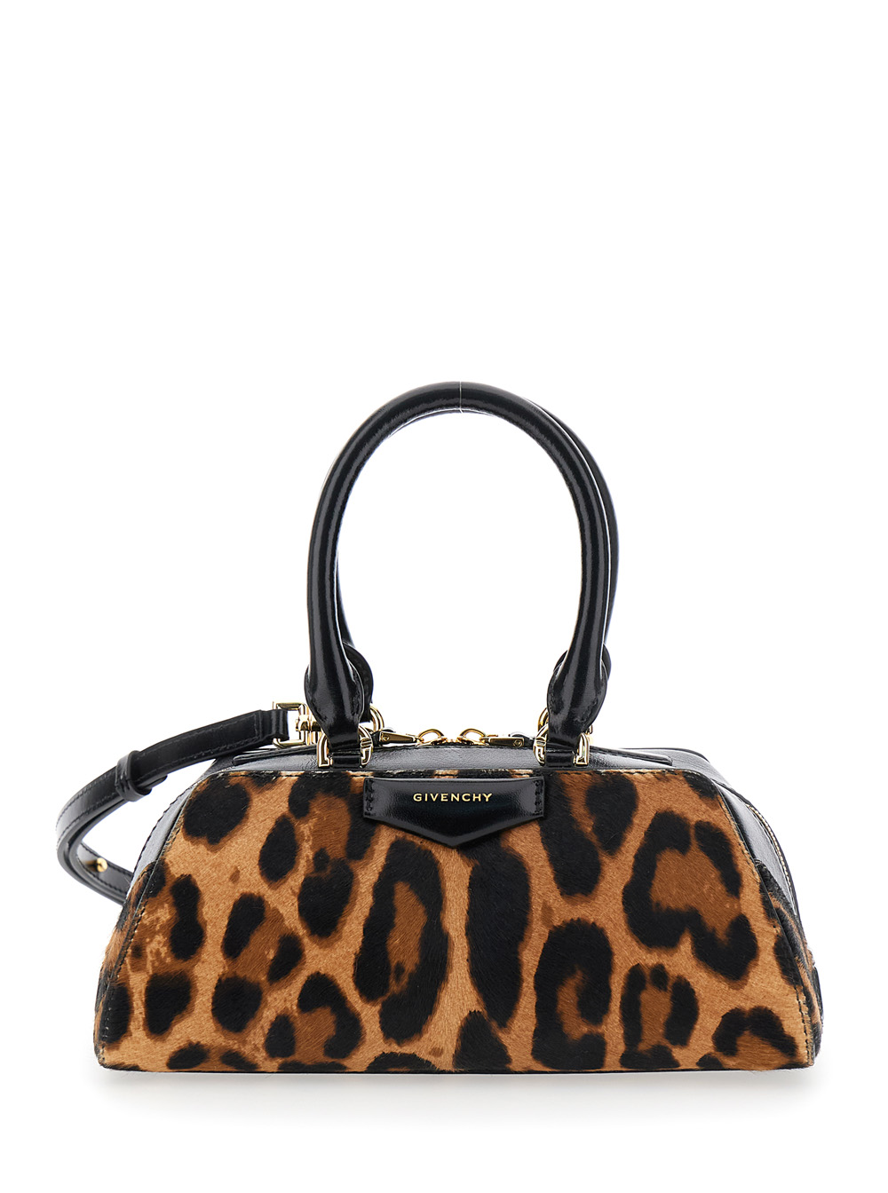 Antigona East West Brown Mini Handbag with Animalier Print and Logo Lettering on the Front in Leather Woman