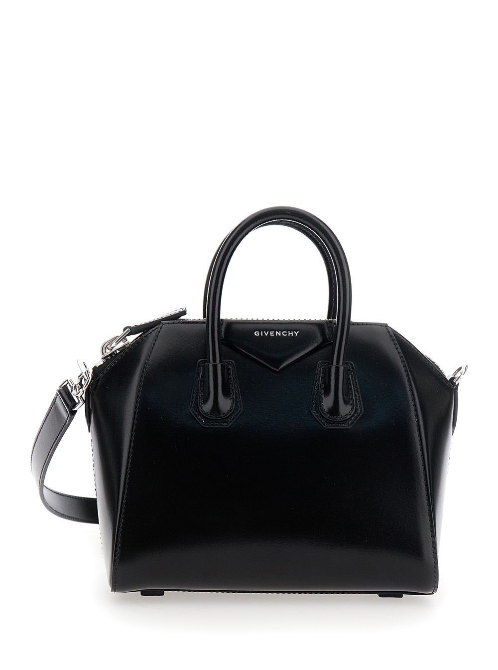 Antigona Small Black Handbag with Laminated Logo in Hammered Leather Woman