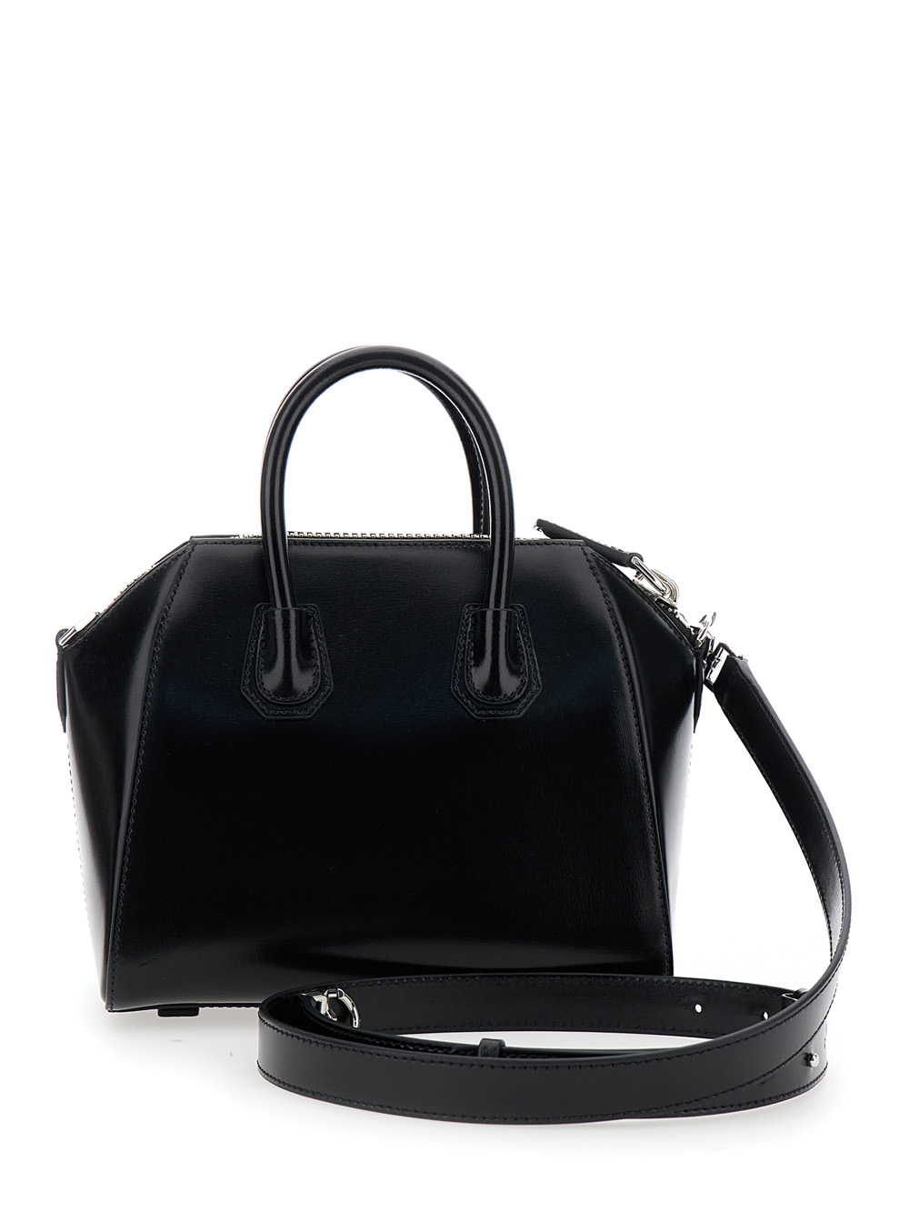 Antigona Small Black Handbag with Laminated Logo in Hammered Leather Woman hover