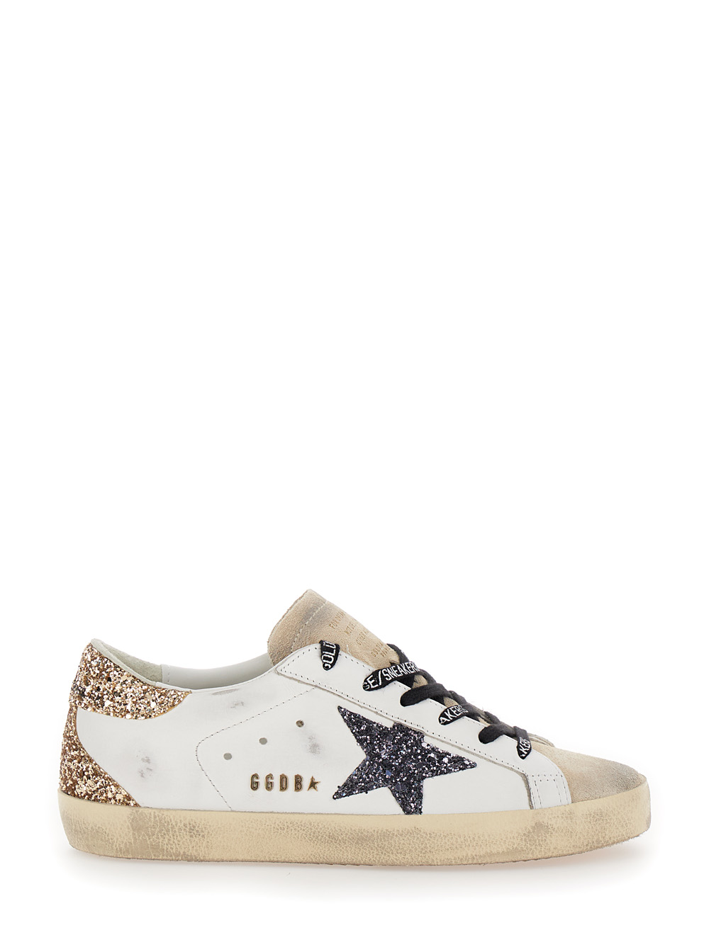 Superstar White Low Top Sneakers with Glitters in Used Effect Leather Woman