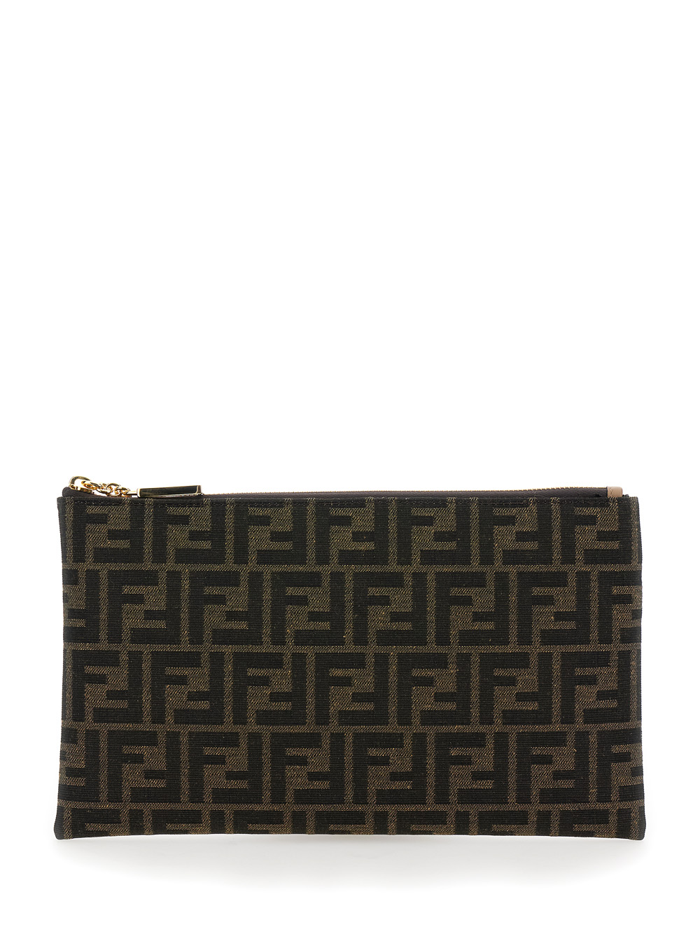 Medium Baguette Brown Flat Pouch in FF Jacquard Fabric Woman