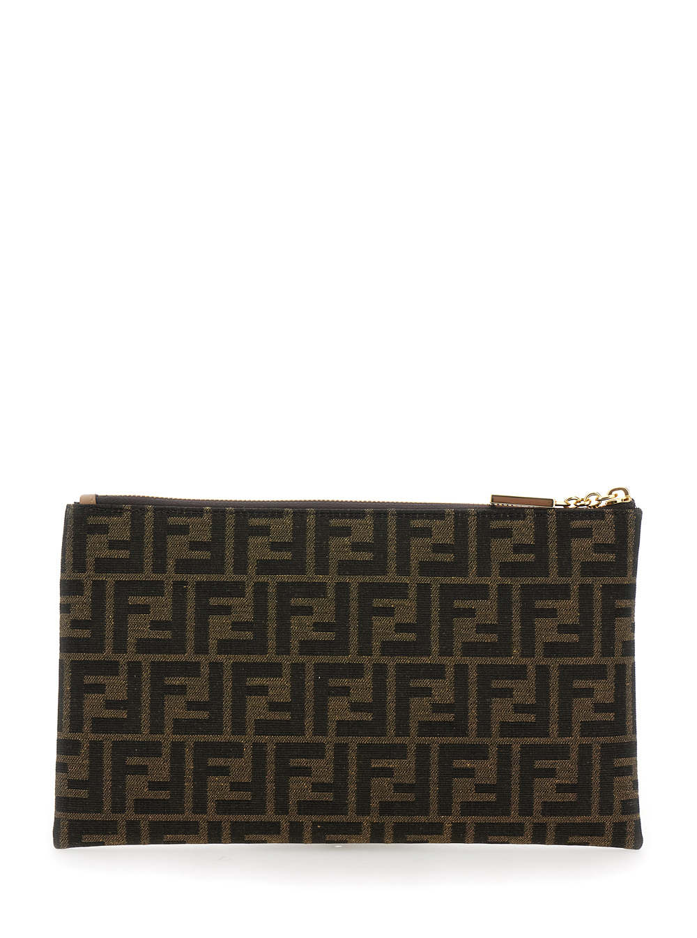 Medium Baguette Brown Flat Pouch in FF Jacquard Fabric Woman hover