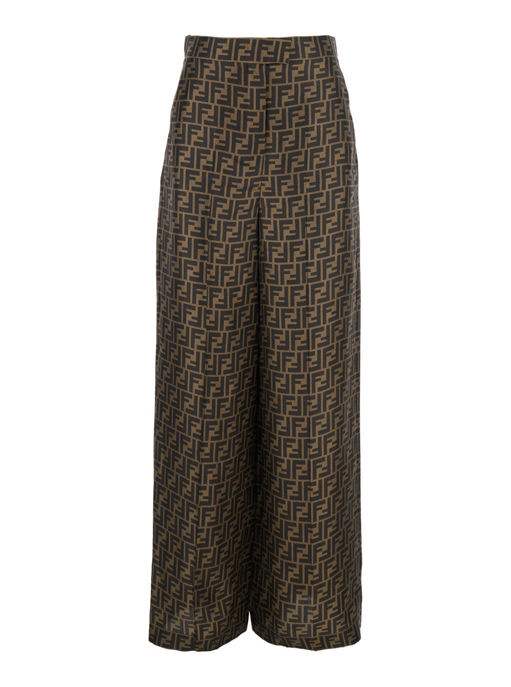 Brown Pants with Wide Leg and All-Over FF Motif in Silk Woman