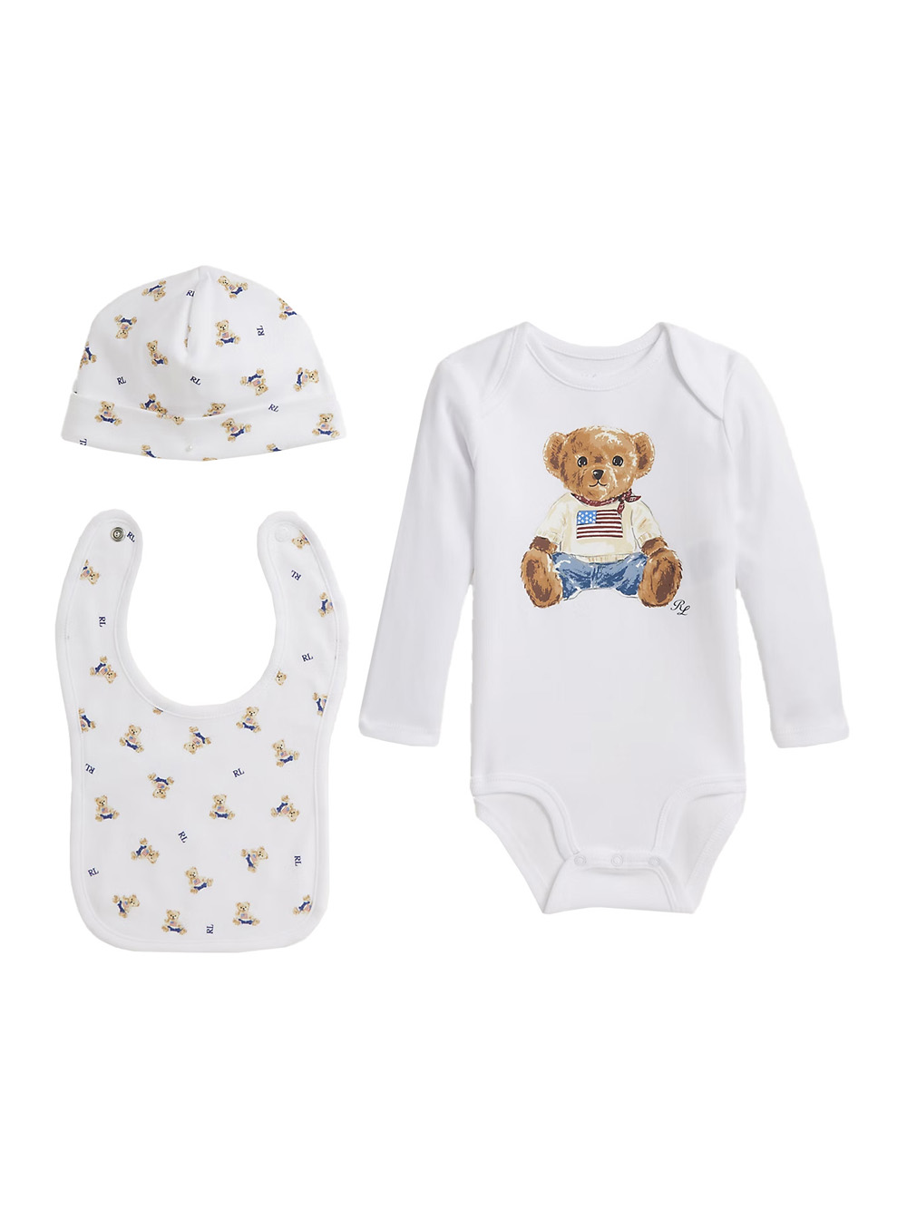 White Set of Three with Onesie and Matching Bib and Beanie with All-Over Bear Print in Cotton Baby