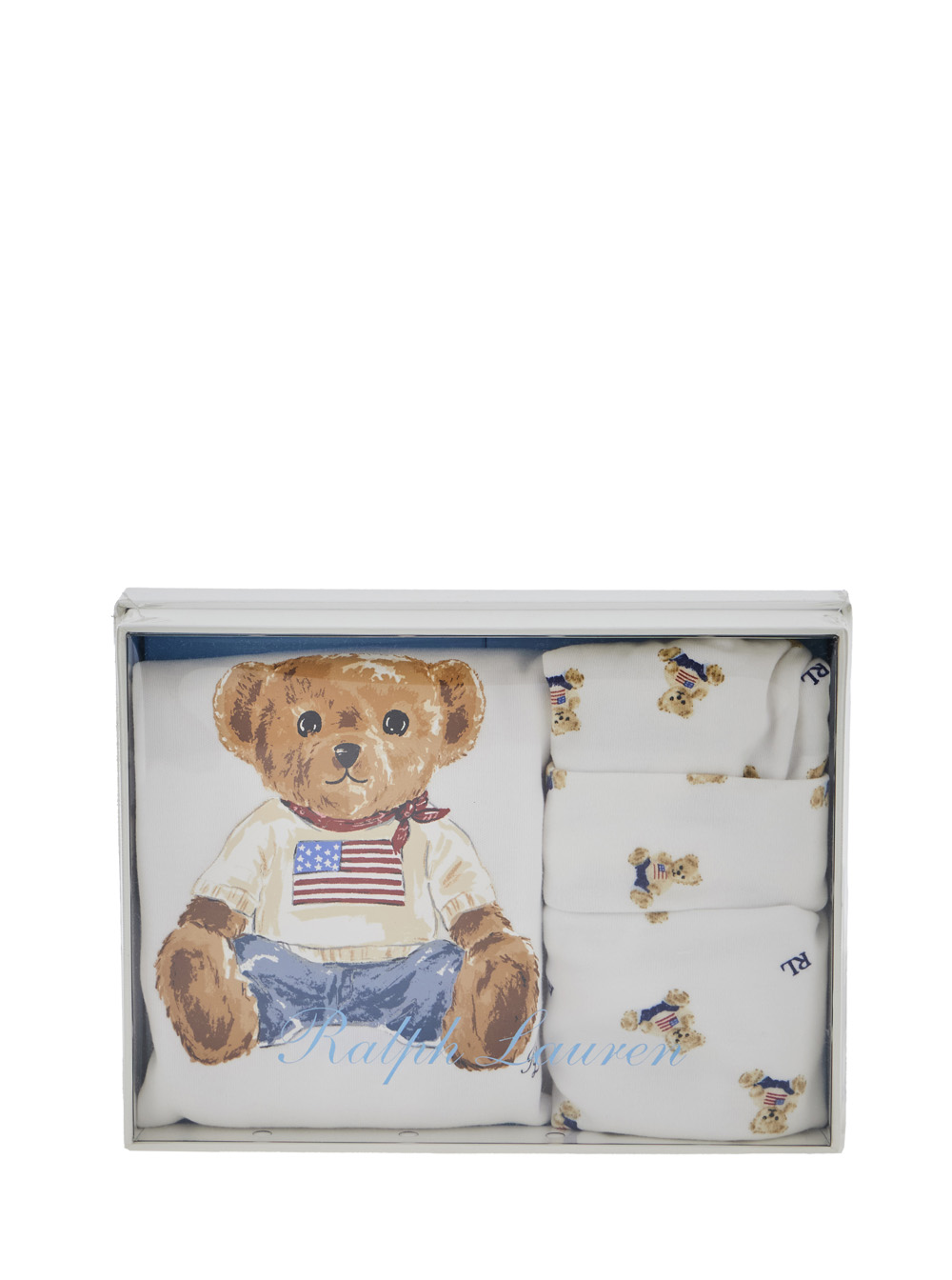 White Set of Three with Onesie and Matching Bib and Beanie with All-Over Bear Print in Cotton Baby hover