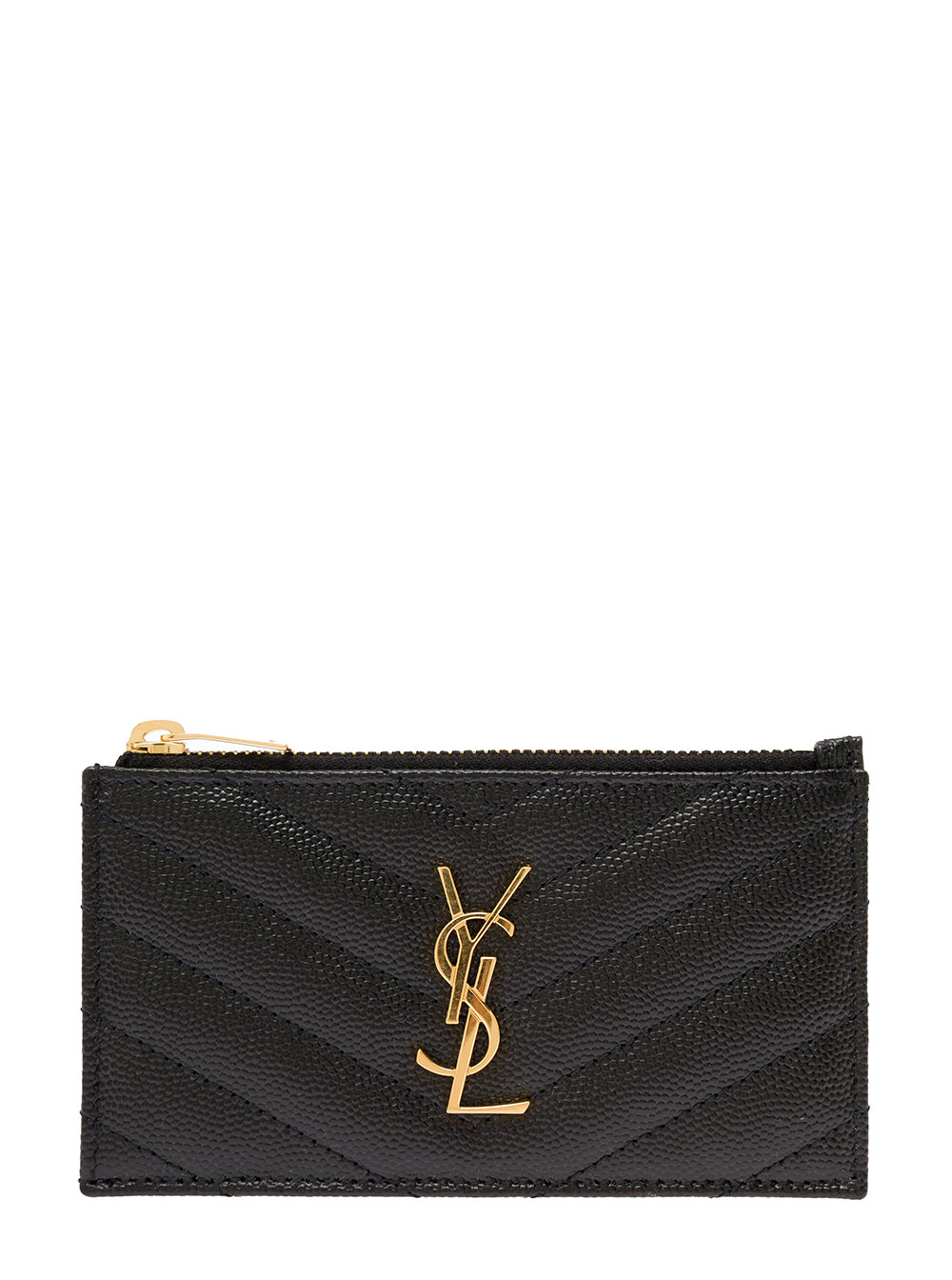 Cassandre Black Embossed Card Holder with Zip and Logo in Leather Woman Saint Laurent