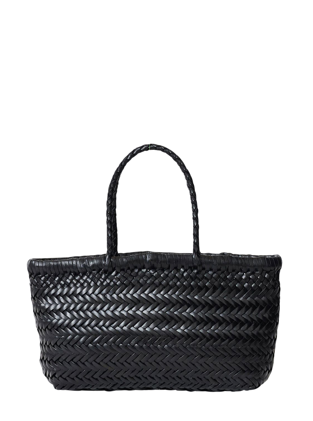 Flat Gora Black Mini Shoulder Bag with Two Top Handles and Interwoven Design in Leather Woman