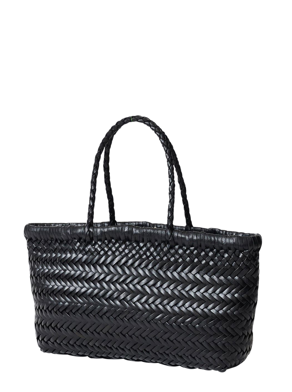 Flat Gora Black Mini Shoulder Bag with Two Top Handles and Interwoven Design in Leather Woman hover