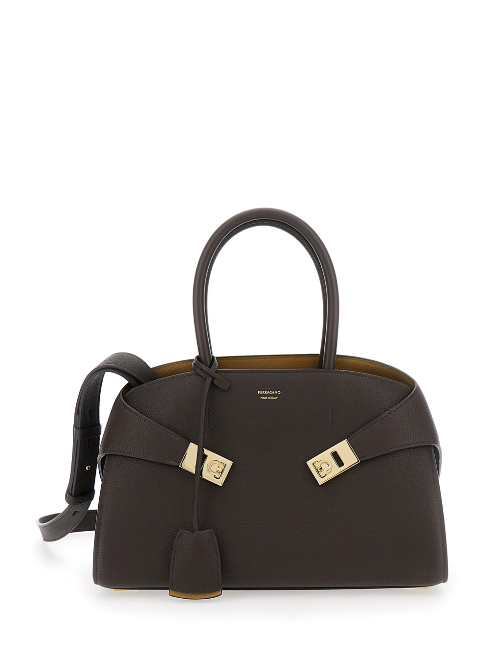 Hug Small Brown Shoulder Bag with Logo and Gancini Buckle in Leather Woman