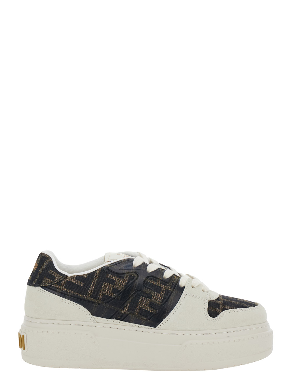Fendi Match Brown Sneaker with FF Application and Platform in Leather and Canvas Woman