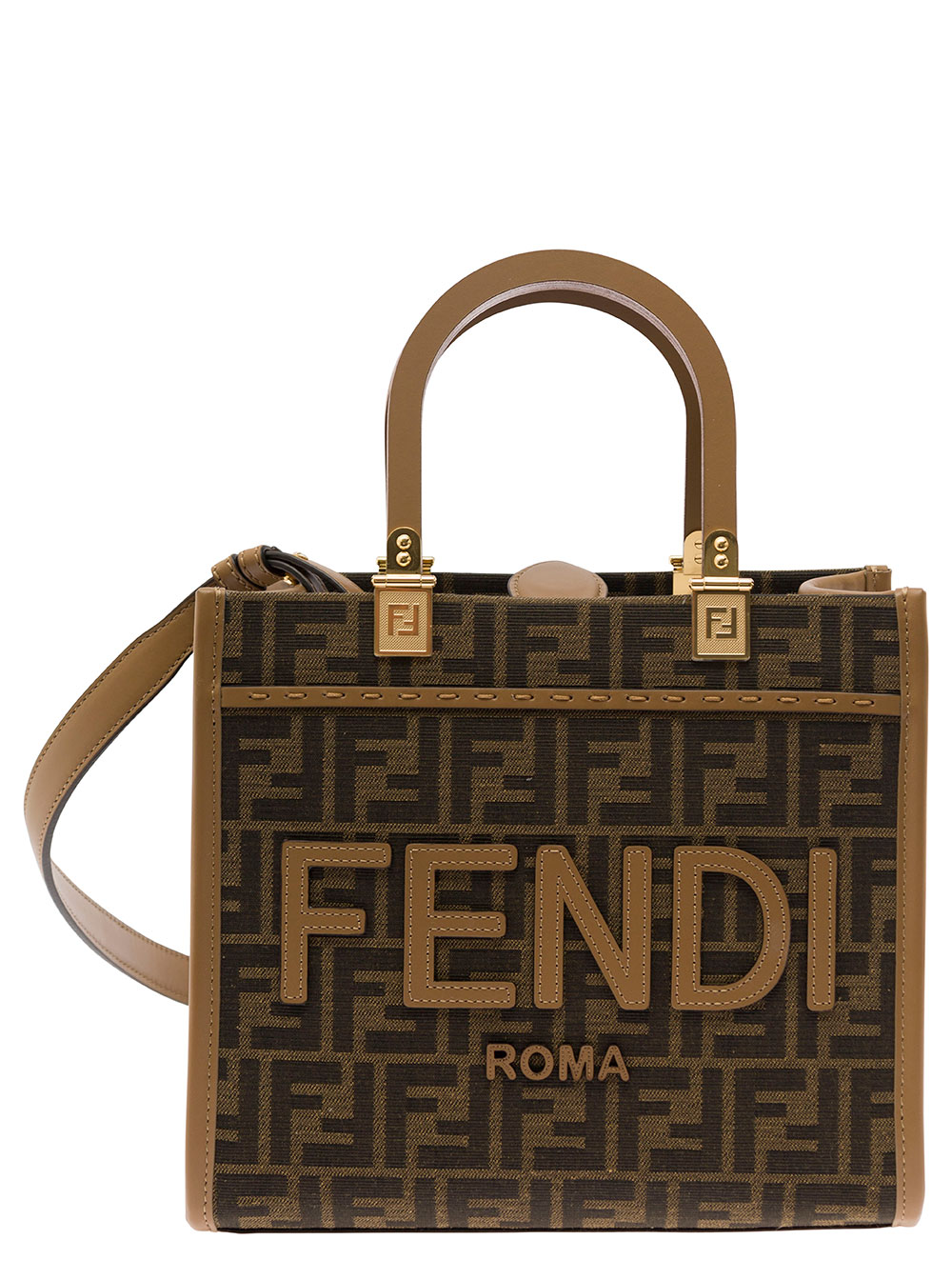 Sunshine Small Brown Tote Bag with Logo in FF Jacquard Canvas and Leather Woman