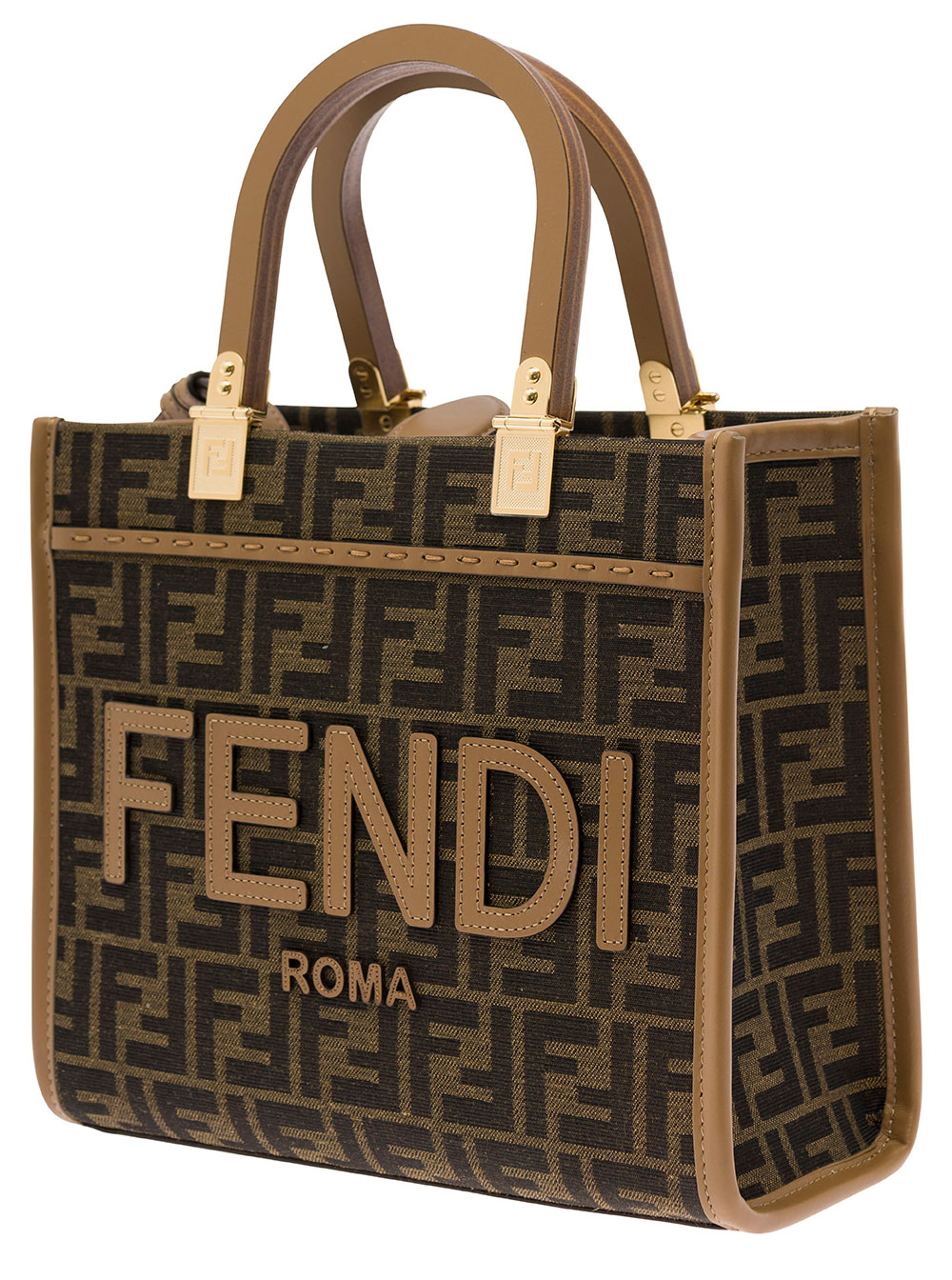 Sunshine Small Brown Tote Bag with Logo in FF Jacquard Canvas and Leather Woman hover