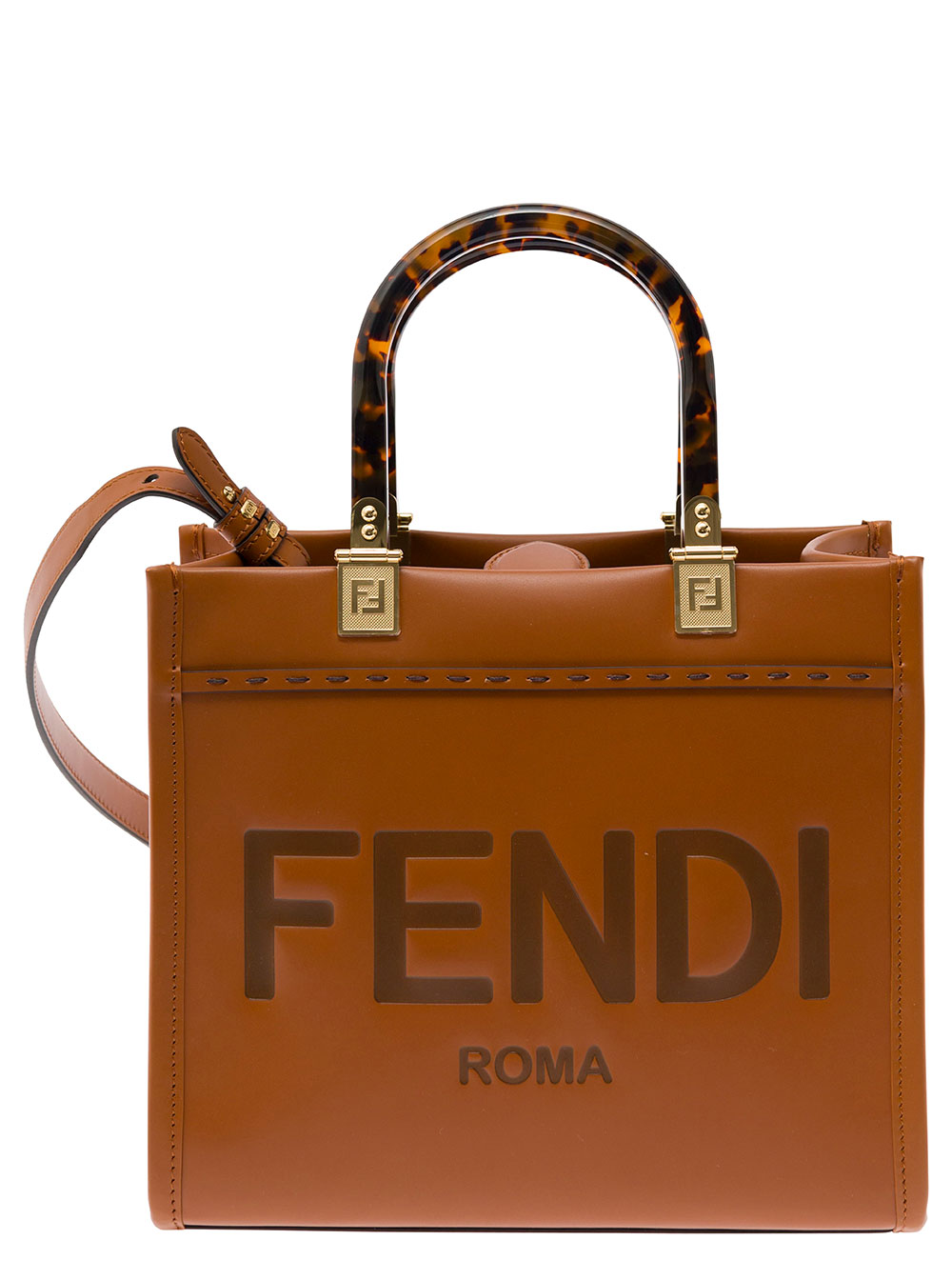 Sunshine Small Brown Tote Bag with Embossed Logo and Tortoiseshell Handles in Leather Woman
