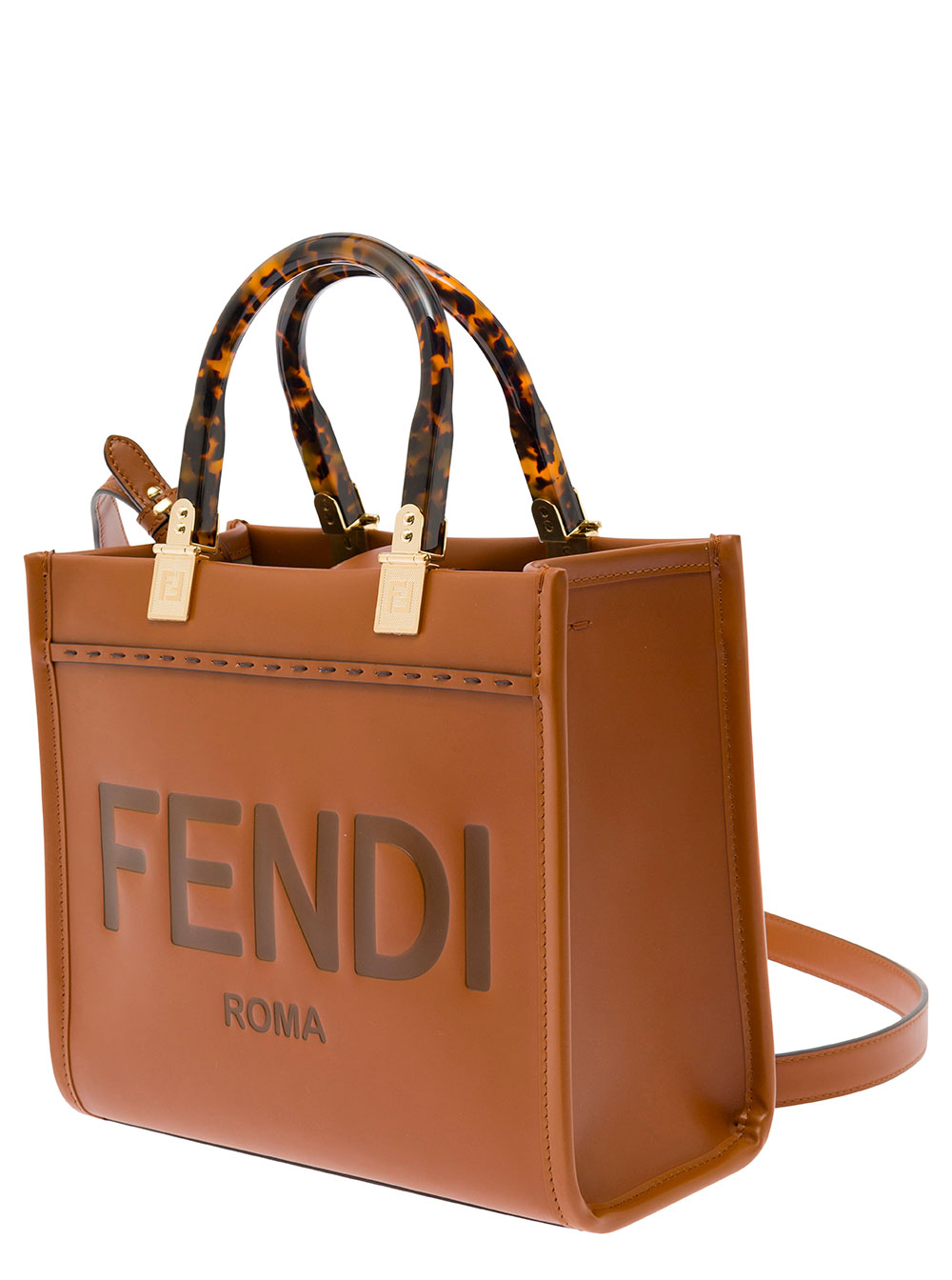 Sunshine Small Brown Tote Bag with Embossed Logo and Tortoiseshell Handles in Leather Woman hover